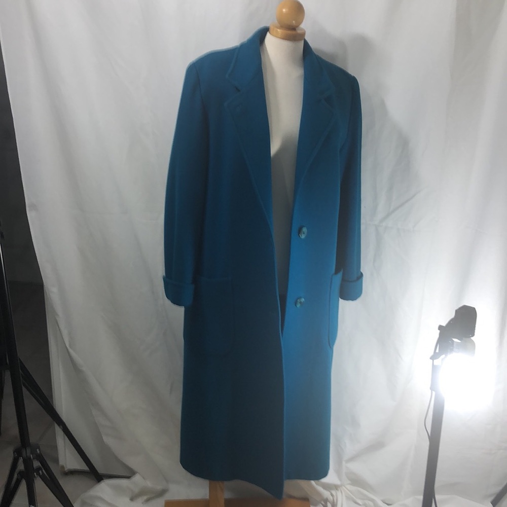 Electric blue 100% wool long coat made in USA